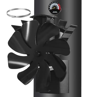 Ofenventilator Magnetisch, Kaminventilator 8 Flüge, Ofenventilator Ohne Strom, Leiser Kamin Ventilator Kaminlüfter für Holz/Brennholz/Feuerstelle/Ofenrohr Mit Thermometer und 1pcs Ersatzteil Ring
