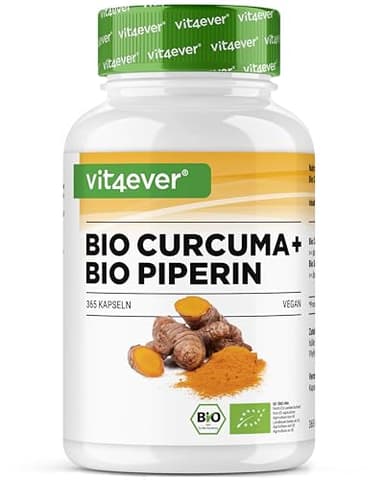 vit4ever Bio Curcuma mit schwarzem Pfeffer - 365 Kapseln - 4511 mg Bio-Curcuma (Kurkuma) pro Tagesdosis - mit Curcumin & Piperin - 100% Bio-Qualität - Hochdosiert - Vegan