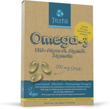 Testa Omega-3 Algenöl - 250mg DHA pro Kapsel - Omega 3 Vegan hochdosiert – 100% Reines und Pflanzlich – 1 Kapsel pro Tag - gesünder als Fischöl - kein Nachgeschmack - 60 Kapseln – 2 Monate Vorrat