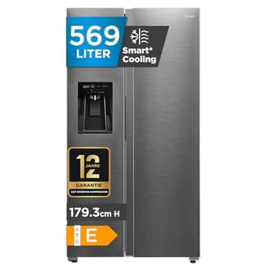 Midea MDRS761MIE46 569L Side-by-Side Kühlschrank mit Eiswürfelspender & Wasserspender, 372 Liter Kühlteil, 197 Liter Gefrierteil, NoFrost Kühl-Gefrierkombination, Edelstahl, Multi AirFlow, 178,6cm