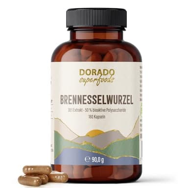 Brennnessel Wurzel Kapseln – 1.200 mg Extrakt täglich (30:1, entspricht 36.000 mg Rohwurzel) – 180 Stück (2 Monatsvorrat) – 50% bioaktive Polysaccharide – hochdosiert | Dorado Superfoods®