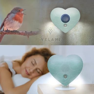 Zwitscher Naturgeräusche Box mit Bewegungsmelder - 18 brillante Klänge, Timer 2–120 Min. für Entspannung im Gäste WC, Vogelgezwitscher Box – VELANI Prestige (Pastell-Grün, Herz)