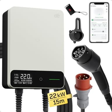 dé Typ 2 Wallbox 22kW mit APP und RFID, 6-32A 3-Phasen EV-Ladegerät 400V mit 15m Ladekabel und Kabelhalter für BEV/PHEV, RCD Typ-B & IP54-Schutz, effiziente Ladestation für Zuhause, weiß