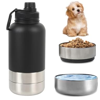 Pets Hundetrinkflasche für Unterwegs, 950ml Isolierte Edelstahl Trinkflasche Hunde mit Futterbehälter Wassernapf & Tragegriff, Tragbare Hundeflasche BPA-frei für Reise Spaziergang & Outdoor, Schwarz