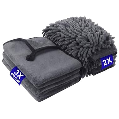 5 Stück Autopflege Set mit 3er 600GSM Mikrofasertücher Auto & 2er Mikrofaser Waschhandschuh Auto, 100% Kratzfrei Autoreinigungsset, Waschlappen Super saugfähig (40 x 30 cm)