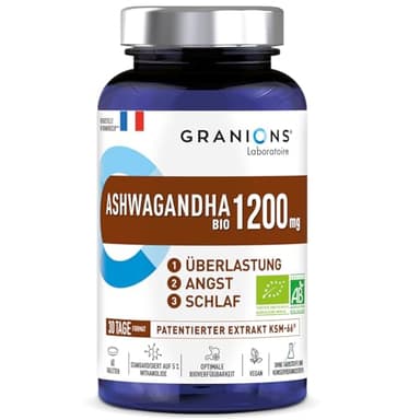Ashwagandha Kapseln KSM-66 hochdosiert 1200 mg – 60 Tabletten – Natürlicher Stressabbau & cortisol senken – Unterstützt Schlaf, Energie & Nerven – Anti-Stress Nahrungsergänzung - GRANIONS