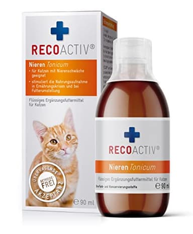 RECOACTIV Nieren Tonicum für Katzen, 1 x 90 ml, bei Anzeichen Einer Nierenfunktionsstörung, in der Rekonvaleszenz und zur Prophylaxe. Hochwertiges Protein, Appetit anregendes Ergänzungsfuttermittel