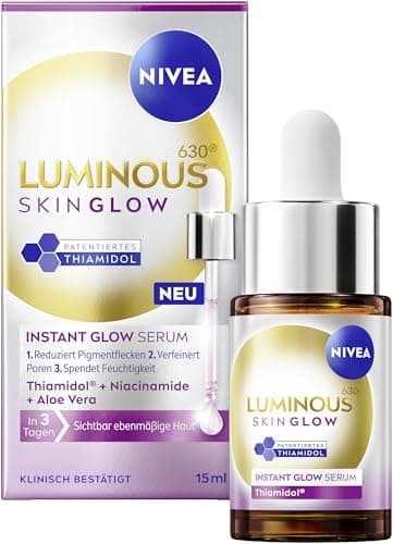 NIVEA LUMINOUS630 Skin Glow Instant Glow Serum, hocheffektives, leichtes Gesichtsserum für strahlende und ebenmäßige Haut, Gesichtspflege mit Thiamidol, Niacinamid & Aloe Vera (15 ml)