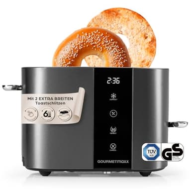 GOURMETmaxx Toaster Kurzschlitz für 2-Scheiben | Toaströster Anthrazit mit 6 Bräunungsgraden und Ready-2-eat-Countdown | Elektrisches Küchengerät mit Touchdisplay, Brötchenaufsatz & Aufwärmfunktion