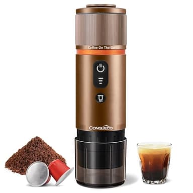 CONQUECO Tragbare Espressomaschine Elektrische Kaffeemaschine: 12V Auto kleine Reise-Expressomaschine – selbstheizend, 8 Tassen, Batteriebetrieben, kompatibel mit Nespresso-Kapseln – für Camping Braun