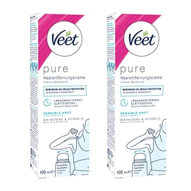 2x Veet PURE Haarentfernungscreme – Für sensible Haut geeignet – Anwendung für Bikini & Achseln - 100 ml Tube mit gewölbtem Applikator und Spatel