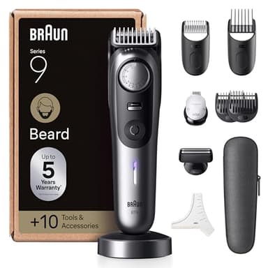 Braun Barttrimmer Series 9, Elektrischer Bartschneider Herren mit 10 Barber-Tools, Lebenslang Ultrascharfe Klinge, 180 Min Akku, Kabelloser Bartrasierer, 52 Längen, Wasserdicht, BT9545, Chrom