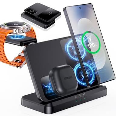 EGV Induktive Ladestation für Samsung – 3-in-1 Wireless Charger kompatibel mit Galaxy S25 Ultra/S24/S23, Z Fold/Flip 7/6, Buds, Abnehmbares Ladegerät für Galaxy Watch Ultra/8/7, Kein Adapter