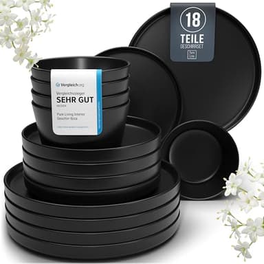 PURE LIVING INTERIOR DESIGN Steingut Schwarzes Geschirrset 6 Personen Manhattan 18-tlg. - Geschirr schwarz matt Spülmaschinen- und Mikrowellenfest - - Teller Set - Schwarze Urban Style