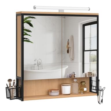 EUGAD Spiegelschrank Bad mit Beleuchtung, Badezimmerschrank mit Spiegel, Badschrank hängend, mit Verstellbarer Ablage Halter Korb, aus Metall MDF, Schwarz + Helle Eiche, 70Bx70Hx14,5T cm