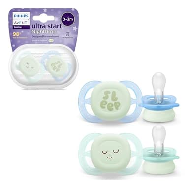 Philips AVENT Ultra Start Schnuller für die Nacht, kiefergerecht geformter Schnuller für Neugeborene, im Dunkeln leuchtend, BPA-frei, mit Sterilisationsbehälter, Doppelpack, grün,blau, SCF075/08