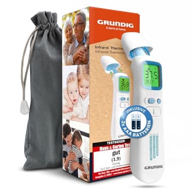 GRUNDIG Fieberthermometer Testsieger - ohne Folgekosten - Thermometer für Baby Kinder Erwachsene - hochpräzise kontaktlos und digital Fieber an Ohr Stirn und Objekten (inkl. Batterien)