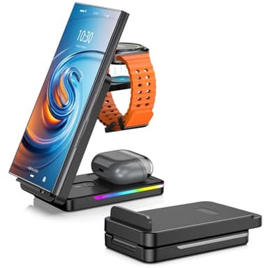Induktive Ladestation für Samsung, NeotrixQI Faltbares Reisen Wireless Charger für Galaxy S25 Ultra/S24/Z Fold 6/Flip 6, Galaxy Watch Ladestation für Galaxy Watch Ultra/8/7/6, Galaxy Buds (Schwarz)