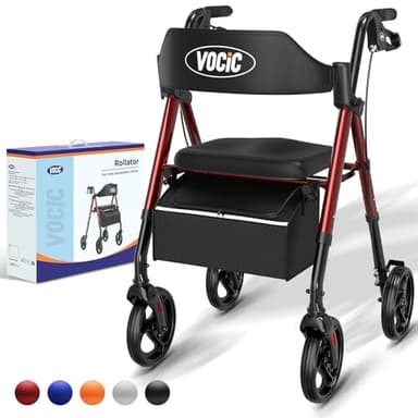 VOCIC Rollator Faltbar und Leicht mit Sit,Rollatoren Schmal für Wohnung,Rollatoren für Senioren Klappbar mit 20cm Reifen für All Gelände,Sitz und Griff Höhenverstellbar,5 Jahre Garantie| Dunkelrot