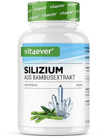 vit4ever Silizium - 365 Kapseln mit 500 mg organisches Silicium pro Tag - Premium: Natürlich gewonnen aus Bambusextrakt - Hochdosiert - Vegan