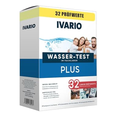 IVARIO Plus Labor-Wassertest-Set für Trink- und Leitungswasser, Tests auf 32 Schadstoffe, Express-Analyse im akkreditierten Labor, 24-Stunden-Versand, kostenlose Fachberatung, Einfache Probenahme