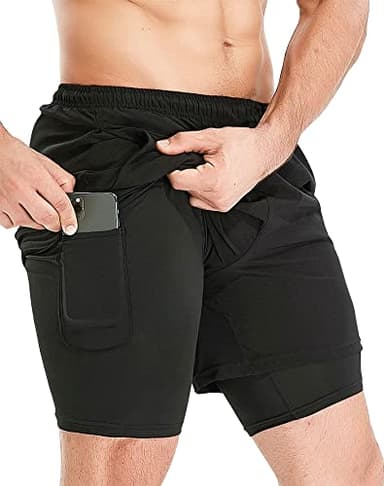 HOPLYNN Herren 2 in 1 Shorts Sommer Schnelltrocknende Laufshorts mit Taschen Sport Kurze Hosen Fitness Laufhose Schwarz M