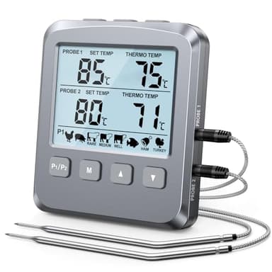 CIRYCASE Doppelsonden Fleischthermometer Digital, Grillthermometer Thermometer Kochen mit 8 Voreingestellte Temperaturen, LCD Bildschirm & Alarm, Bratenthermometer für Wohnmobil Küche, BBQ, Smoker