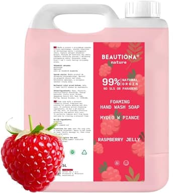Beautiona Seife 5L: Schaumseife mit Glycerin & Mandelöl, feuchtigkeitsspendend, für Hände & Körper, pH-neutral, 3x effektiver (5 L, Himbeerduft)