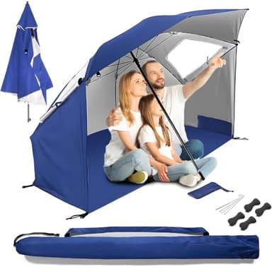 ZOLTA Strandzelt Sonnenschirm 2in1 XXL 220cm mit Boden Teleskop Höhenverstellung UV Schutz Windschutz Zelt mit Seitenwänden Sichtschutz Silberbeschichtung Tragetasche Camping Angeln Outdoor