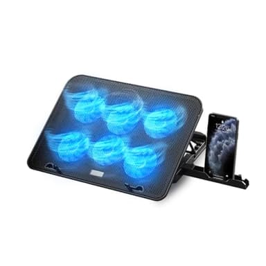 NK Base Refrigeradora Portátil - Ventilador Ordenador Portatil de 12-17" Con Soporte Ajustable 5 Alturas, 6 Ventiladores Silenciosos, 2 Puertos USB, Refrigeración Rápida, Luz LED Azul - Color Negro