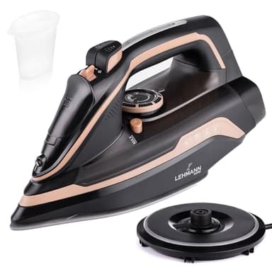 LEHMANN Dampfbügeleisen kabellos mit Ladestation, kabelloses Bügeleisen Dampf mit Temperaturregelung & 5 Bügelprogramme, Keramiksohle, Vertikaldampf, Abschaltautomatik, Schwarz/Roségold