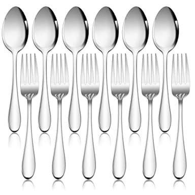 Gabel und Löffel Set, Joyfair 12 Stück Edelstahl Besteck Set für Zuhause/Restaurant/Hotel, Hochglanzpoliert & Spülmaschinenfest, 6 Esslöffel (18.8cm) + 6 Tafelgabeln (19cm)