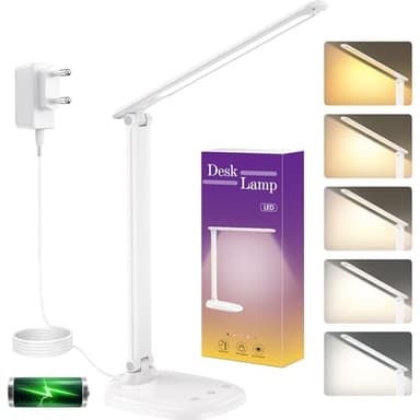 KQPZ Schreibtischlampe, 4000mAh LED Tischlampe Akku mit USB-Aufladung, Augenschutz Nachttischlampe mit 5 Farben & Stufenloses Dimmen, Timer, Touch Steuerung, für Kinder, Schlafzimmer, Lektüre, Büros