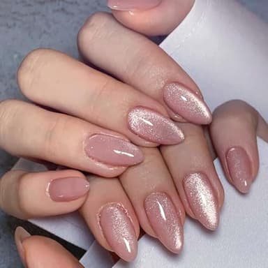 Cat Eye Press on Nails Kurz, 24 Stück Rosa Almond Nägel zum Aufkleben Katzenaugen, Full Cover Fingernägel Mit Nagelkleber, Glänz Soft Gel Fake Nails für Frauen, Kunstnägel zum Aufkleben Nail Art