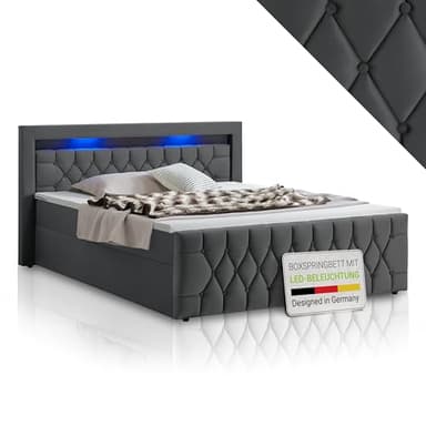 Juskys Boxspringbett Leona 140x200 cm - Bett mit LED Beleuchtung, Topper & H4 Federkern Matratzen - Einzelbett Grau mit Samt und Steppung