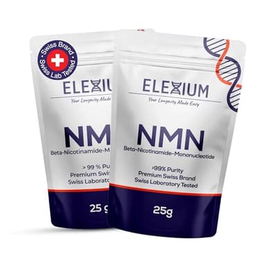 ELEXIUM NMN Pulver Nicotinamid Mononukleotid Pulver 2x25 Gramm | Hochdosiertes Uthever NMN | Schweizer Laborprüfung & Marke | > 99% Reinheit ohne Zusatzstoffe | Mit Messlöffel