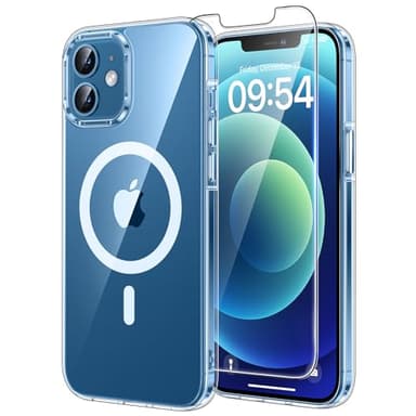 TAURI für iPhone 12/12 Pro Hülle 6,1" mit Panzer Schutz Glas Folie, Kompatibel mit MagSafe, Schutz nach Militärstandard, [Anti-Vergilbung] Stoßfest Magnetisch Handyhülle - Durchsichtig