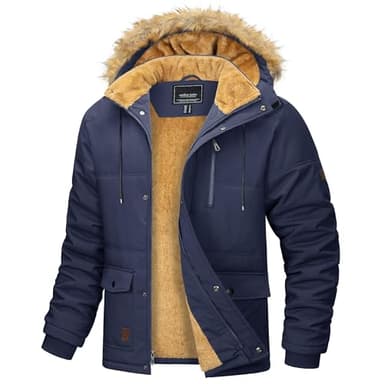 MAGCOMSEN Herren Fleece Parka Gefüttert Outdoor Winterjacke Winddicht Freizeitjacke Warme Daunenjacke Männer Fahrrad Arbeitsjacke Dick Wandern Mantel mit Abnehmbar Kapuze Dunkelblau XL