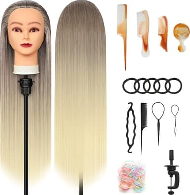 XINMEIFA Trainingsköpfe, 28 inch Frisierkopf für Frisöre 100% Synthetikfaser-Haar Übungskopf,mit DIY Stricken Kit und kostenlose Tabelle Clips (Golden)
