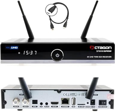 OCTAGON SF8008 UHD 4K Supreme Twin Sat Receiver, 2X DVB-S2X Tuner, E2 Linux & Define OS, mit PVR Aufnahmefunktion, M.2 M Key, Gigabit LAN, Kartenleser, Sat to IP, WiFi WLAN + HM-SAT HDMI Kabel