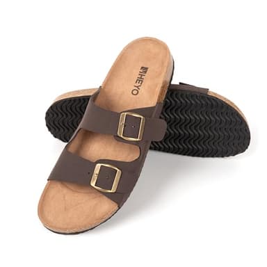 HEYO Pantoletten Herren Damen Sandalen Bequeme Hausschuhe Unisex Kork Badelatschen mit verstellbaren Riemen (Braun, EU Schuhgrößensystem, Erwachsene, Numerisch, M, 43)