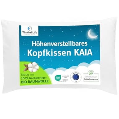 Höhenverstellbares Kissen 40x60, Bezug aus Bio-Baumwolle - made in EU, Ergonomisches Kopfkissen 40 x 60 cm, Polster für Seitenschläfer, Rückenschläfer, Bauchschläfer, Nachhaltiges Schlafkissen KAIA