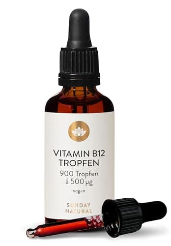 SUNDAY NATURAL® Vitamin B12 hochdosiert - 500 µg pro Vitamin B12 Tropfen – Bioaktive Formen B12 Methylcobalamin + Adenosylcobalamin – 900 Tropfen – Laborgeprüft, vegan, ohne unnötige Zusätze
