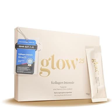 Glow25® Kollagen Intensiv [30 Sticks] – mit Tripeptiden, Vitamin C, Zink und Biotin – Premium Marine Collagen Hydrolysat – Peptide Typ 1 und 3 – Gute Löslichkeit