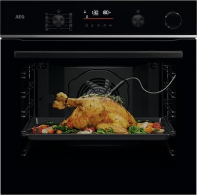 AEG Wifi Einbaubackofen, Serie 6 LED-Touchdisplay, Pyrolyse Selbstreinigung, 25% Dampfunterstützung: Außen Knusprig & Innen Saftig, Kerntemperatursensor für punktgenaues Garen, TR6PB50WSB