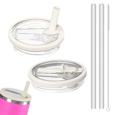 2 Stück Stanley Cup Ersatzdeckel Set - Auslaufsicherer Deckel mit 2 Trinkhalmen & Reinigungsbürste - Kompatibel mit Stanley Quencher H2.0 40oz Bechern (Beige, Dicht & Staubsicher)