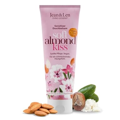 Jean & Len Sensitiver Duschbalsam Mandelöl & Sheabutter, reinigt die Haut sanft und schonend, für trockene & empfindliche Haut, mit pflegend-süßem Mandel-Duft, ohne Parabene & Silikone, vegan, 250 ml
