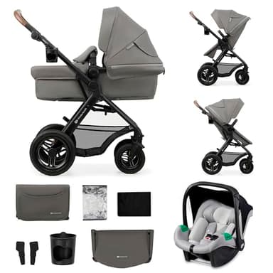 Kinderkraft MOOV2 AIR Kinderwagen 3 in 1 Kinderwagenset bis 22 kg mit Kindersitz I-SIZE 40-75 cm, Buggy Funktion, Liegeposition verstellbar, Große ausziehbare Verdeck, Aufblasbare Räder, Hellgrau