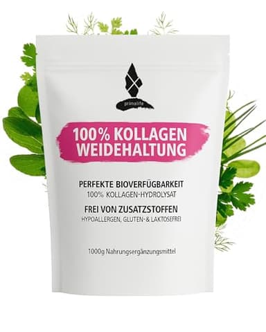 PRIMALIFE Collagen Pulver 1000g - 100% reines Kollagen Pulver aus Weidehaltung - Hoher Proteingehalt mit 9,6g Eiweiß pro Portion - Mit Kollagen Peptiden Typ 1, 2 & 3