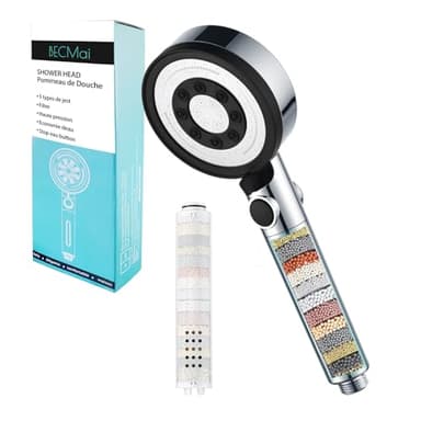 Becmai Duschkopf mit Filter Kalk, Hochdruck Duschkopf, Kalkfilter Wassersparend Duschbrause, Filtered Shower Head for Hard Water, Handbrause mit Stoppfunktion, 5 Modes Jets, Starker Strahl, Chrome